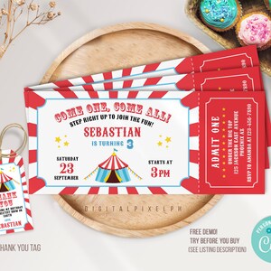 Faire-part d'anniversaire de billet de carnaval modifiable, faire-part de billet de cirque, faire-part de carnaval, faire-part de cirque, étiquette de remerciement de carnaval