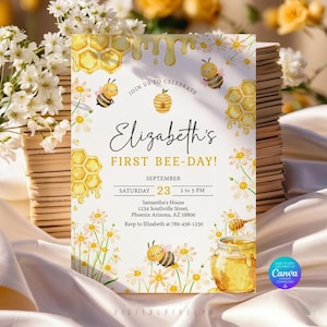 May include: A rectangular invitation card featuring watercolour illustrations of bees, honeycombs, and daisies. The text reads: JOIN US TO CELEBRATE, Elizabeth's FIRST BEE-DAY!, SEPTEMBER, SATURDAY 23, 2 to 5 PM, Samantha's House, 1234 Southville Street, Phoenix Arizona, AZ 58800, RSVP to Elizabeth at 789-456-1230.