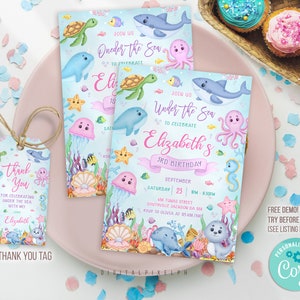 Editable Under The Sea Birthday Invitation, Editable Ocean Animals Party Invite Template, Under The Sea thank you tag, DPH