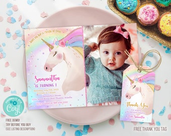 Unicorn Birthday Party Invitation Template with photo, Unicorn Invitation, Unicorn thank you tag, Editable Unicorn Invitation