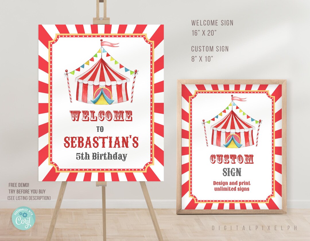 Editable Circus Birthday Welcome Sign Template (digital Download) - Etsy