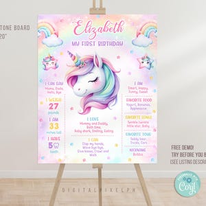 Bearbeitbares Einhorn Geburtstag Meilenstein Poster Vorlage, Einhorn Geburtstag Meilenstein Poster, Einhorn Meilenstein Brett Poster