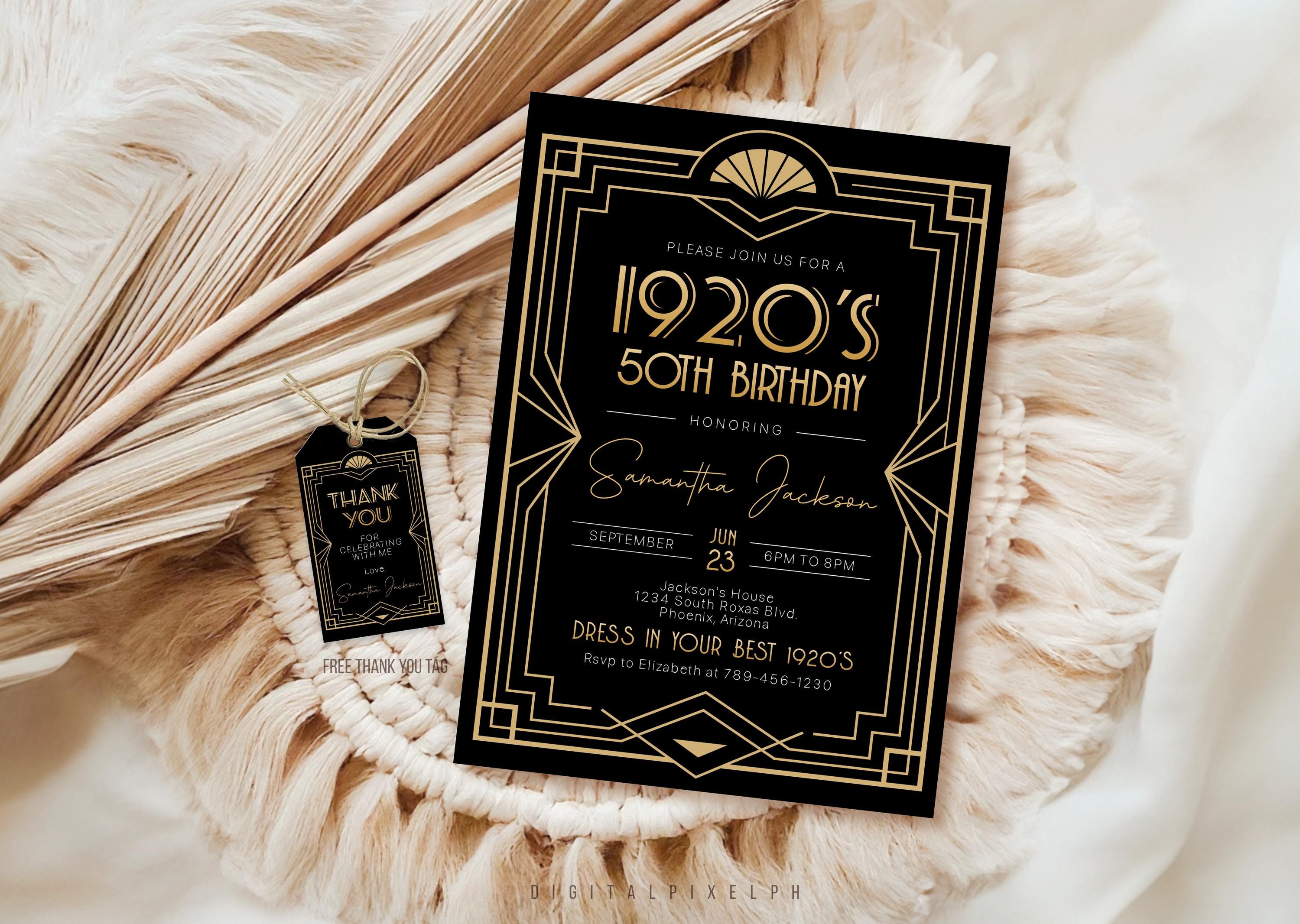 1920s Art Deco Birthday Invitation, Black and Gold (digital Download) - Etsy, image size:3000x2133