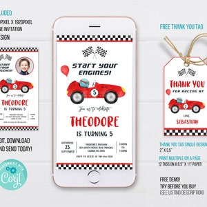 Editable Racing Car Phone Birthday Invitation Template, Race Car Electronic Invitation, Racing Car Invitation, Race Car invitation, PMGY