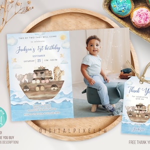 Editable Noah&#39;s Ark Birthday Invitation Template, Noah&#39;s Ark Invitation, Noah&#39;s Ark thank you tag, Noahs Ark Invitation Template, DPPH