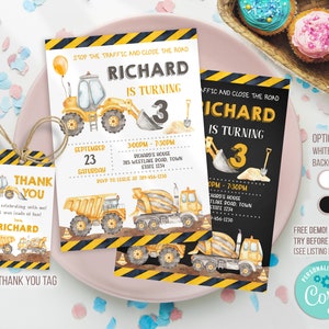 Editable  Construction Birthday Party Invitation Template, Construction Invitation, Construction thank you tag