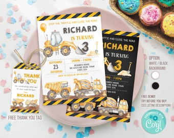 Editable  Construction Birthday Party Invitation Template, Construction Invitation, Construction thank you tag