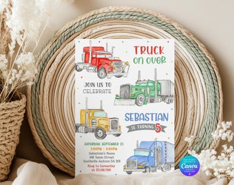 May include: A rectangular birthday invitation card featuring four colorful semi-truck illustrations in red, green, yellow, and blue. The text reads: TRUCK ON OVER, JOIN US TO CELEBRATE, SEBASTIAN IS TURNING 5, SATURDAY, SEPTEMBER 23, 3:00PM-5:00PM, 456 Tunas Street.