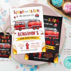 Editable Firetruck Invitation, Fire truck Birthday Invitation, Firetruck Invitation, Fire truck invitation, Firetruck thank you tags