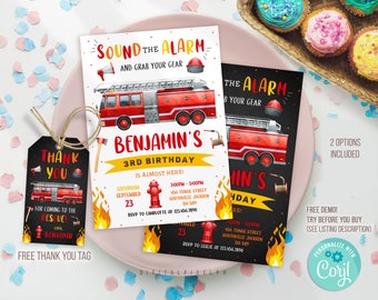 Editable Firetruck Invitation, Fire truck Birthday Invitation, Firetruck Invitation, Fire truck invitation, Firetruck thank you tags