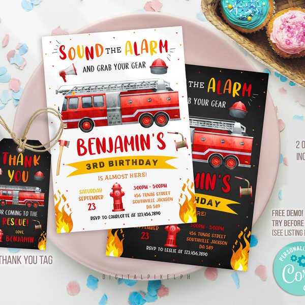 Editable Firetruck Invitation, Fire truck Birthday Invitation, Firetruck Invitation, Fire truck invitation, Firetruck thank you tags