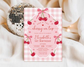 Cherry Birthday Invitation, Cherry Coquette Pink Bow Invite, She's the Cherry on Top Invitation, Cherry Thank You Tags (Digital Download)