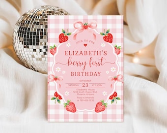 Strawberry Birthday Invitation, Berry First Birthday Invitation, Strawberry Thank You Tags  (Digital Download)