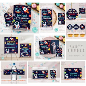 Editable Outer Space Birthday Invitation Bundle Template, Outer Space Welcome Custom Sign, Outer Space label, Outer Space party decor