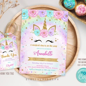 Editable Unicorn Birthday Invitation Template, Unicorn Birthday Invitation, Unicorn Thank you tags, Unicorn Invitation M3L