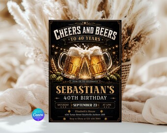 Cheers and Beers Birthday Invitation, Beer Birthday Invitation, 40th Invitation, Adult Birthday Invitation, Any Age (Digital Download)