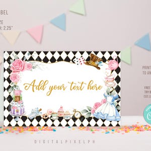 Étiquette de nourriture modifiable Alice au pays des merveilles, cartes de tente de nourriture d'Alice au pays des merveilles, étiquette de tente de nourriture d'Alice au pays des merveilles
