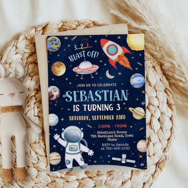Outer Space Birthday Invitation, Rocket Ship, Planets (Digital Download)