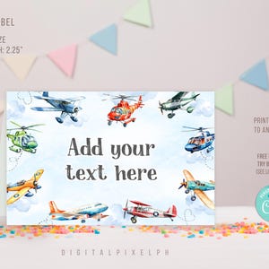 Bearbeitbares Flugzeug-Lebensmitteletikett, Flugzeug-Geburtstagsfeier-Lebensmittelzeltkarten, Flugzeug-Lebensmittelzeltetikett, Flugzeugetiketten, MITMS