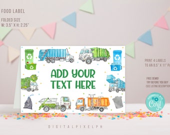 Editable Garbage Truck Food Label, Garbage Truck Food Tent Cards, Garbage Truck Tent Label, Garbage Truck Food Tent Label