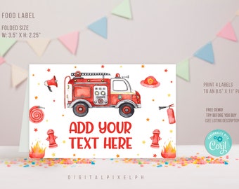 Editable Fire truck Food Label, Fire truck Birthday Party Food Tent Cards, Fire truck Food Tent Label