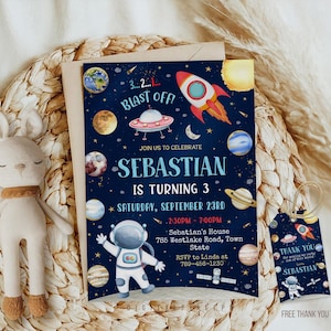 Outer Space Birthday Invitation, Rocket Ship, Planets (Digital)