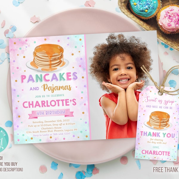 Pancake Invitation, Pancake and Pajamas Birthday Invitation, Pancake Editable Invitation, Pancake Thank you tag