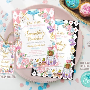 BEWERKBARE Alice in Wonderland verjaardagsuitnodiging, Alice in Wonderland uitnodigingssjabloon, Alice in Wonderland bedankt-tags M3L