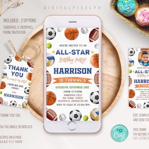 Editable Sports Electronic Invitation Template, Sports Ball Phone Invitation, Sports Thank you tag, Sports ball Birthday Invitation, DPPH