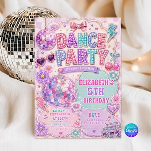 May include: A rectangular invitation card featuring a disco theme with the text DANCE PARTY, ELIZABETH'S 5TH BIRTHDAY, SATURDAY SEPTEMBER 23 AT 1:30PM, and RSVP CASSANDRA AT 789 456 1230. The design includes disco balls, hearts, flowers, and a boombox.