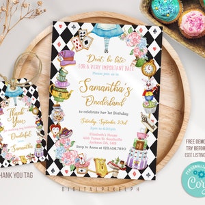 EDITABLE Alice in Wonderland Birthday Invitation, Alice in Wonderland invitation template, Alice in Wonderland thank you tags, DPPH