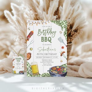 BBQ Birthday Invitation, Green Gingham, Backyard Party (Digital Download)