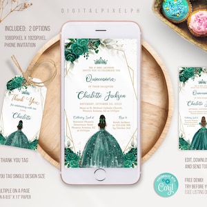 Editable Emerald Green Quinceañera Electronic Invitation Template, Quinceañera Phone Invitation, Mis Quince Electronic Phone Invitation, DPH