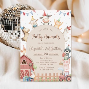 Op de afbeelding: Een rechthoekige verjaardagsuitnodiging met aquarelillustraties van boerderijdieren met feesthoedjes, een rode schuur en een tractor. De tekst luidt: Calling All Party Animals, Join Us To Celebrate, Elizabeth's 2nd Birthday, Saturday 23 September.