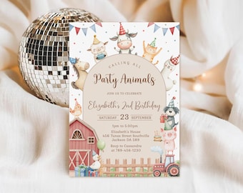 May include: A rectangular birthday invitation card featuring watercolor illustrations of farm animals wearing party hats, a red barn, and a tractor. The text reads: Calling All Party Animals, Join Us To Celebrate, Elizabeth's 2nd Birthday, Saturday 23 September.