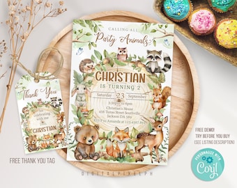 Editable Woodland Wild One Birthday Invitation, Woodland Forest Animals Birthday Invitation, Woodland Birthday invitation