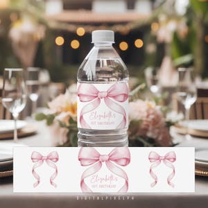 Coquette Pink Bow Water Bottle Label, Editable Template (Digital Download)