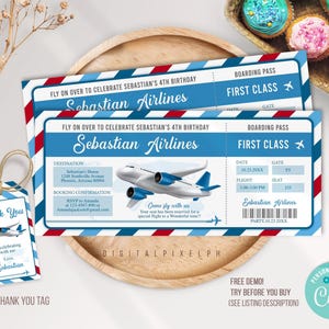 Convite editável de aniversário com passagem de avião, convite com passagem de avião, convite de avião, convite de avião, etiqueta de agradecimento de avião M3L