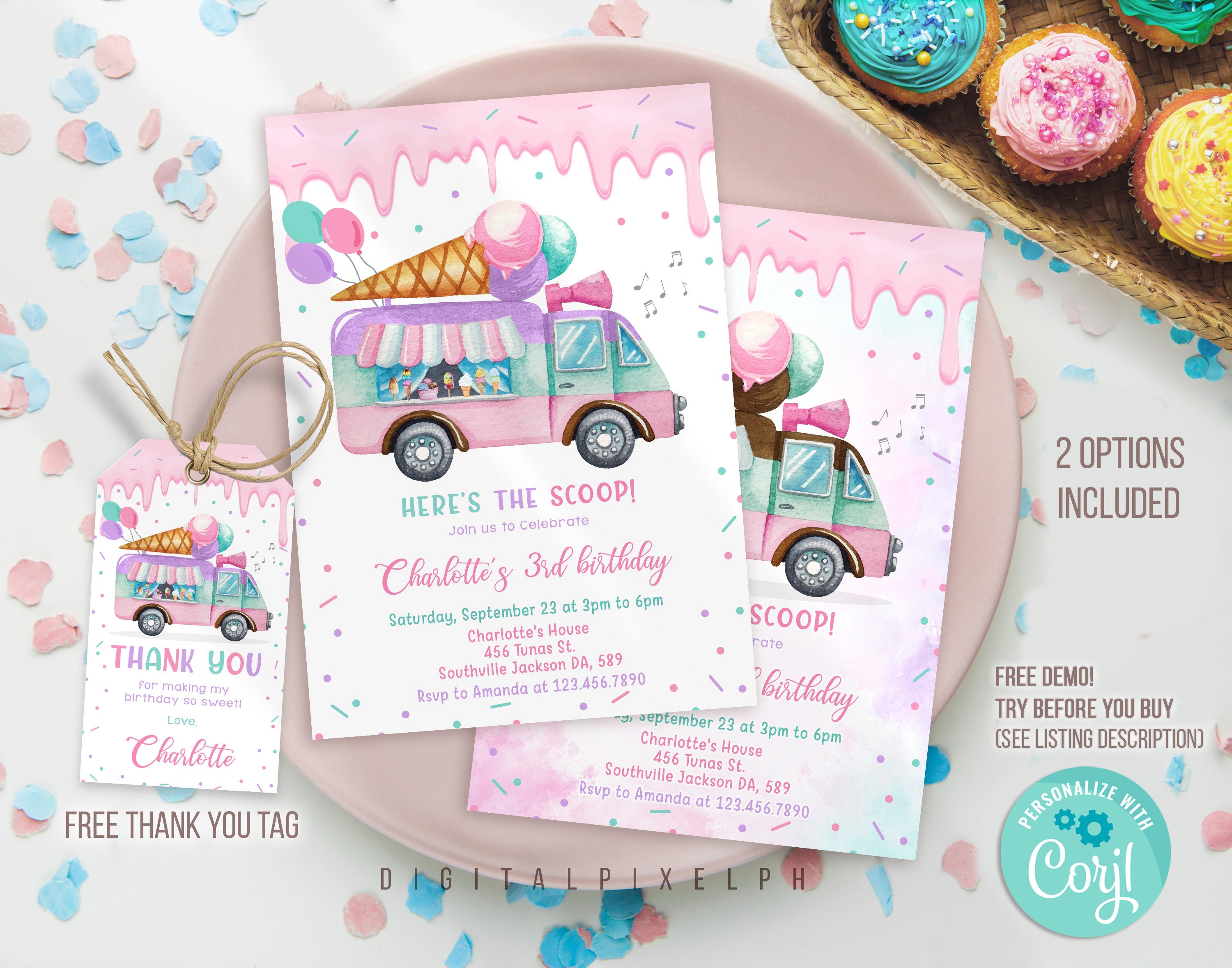 Editable Ice Cream Truck Birthday Invitation, Ice Cream Birthday Invitation, Ice Cream Party Invitation, Summer Invitation , DPPH