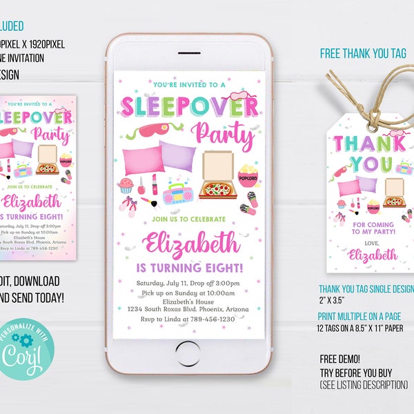 Sleepover Electronic Invitation Template Slumber Party Phone Invitation Sleepover Phone Invitation Pajama Party Electronic Invitation