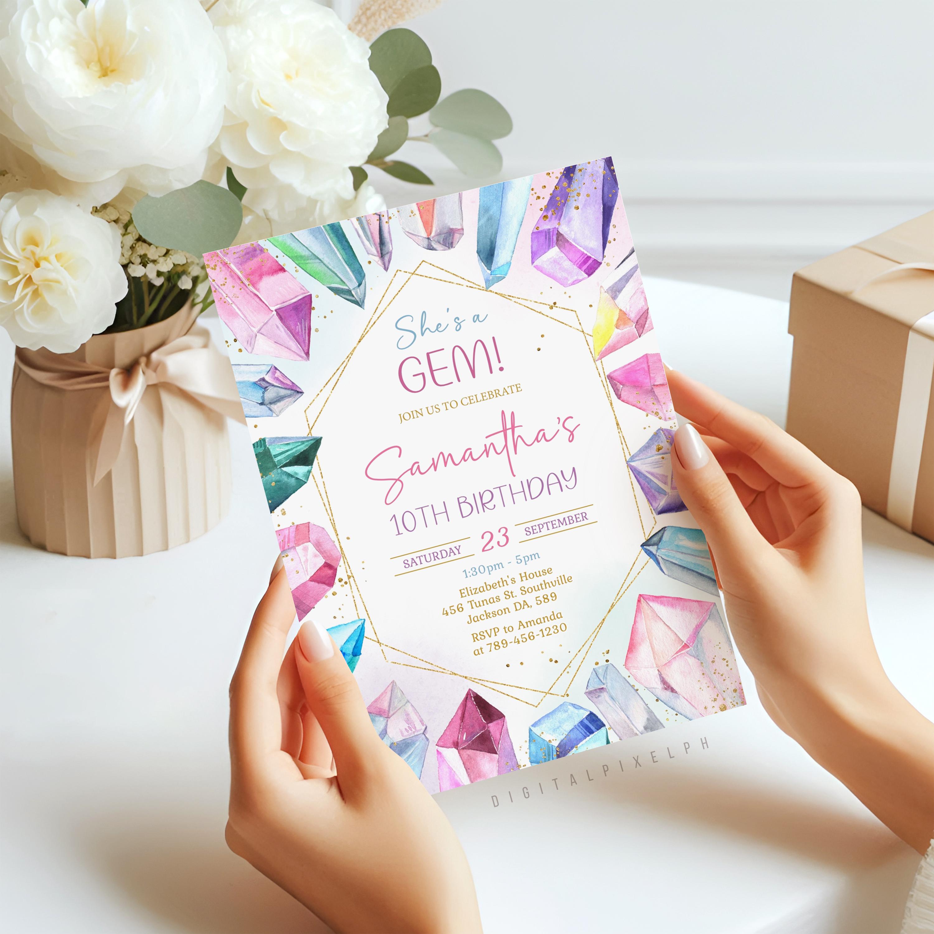 Crystal Gemstone Birthday Invitation, Editable Template (digital