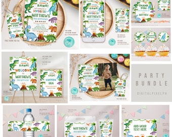 May include: A collection of dinosaur-themed party supplies, including invitations, tags, signs, and labels. The designs feature colorful dinosaurs, volcanoes, and palm trees, with text that reads "Stomp, Chomp & Rawr!" and "Matthew's 3rd Birthday."