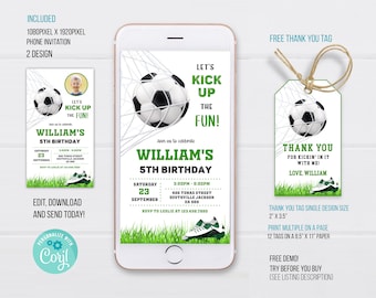 Soccer Electronic Invitation Template, Soccer Birthday Phone Invitation, Soccer Thank you tag, Soccer Editable Electronic Invitation