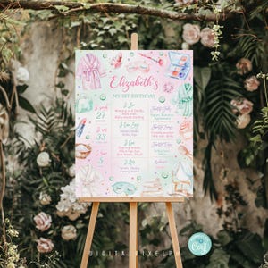 May include: A decorative sign on an easel for a first birthday celebration. The sign features a watercolor design with the name "Elizabeth" and details about the child's first year, including weight, height, and favorite things. The color scheme is pastel pink and green.