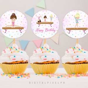 Gymnastics Birthday Party Cupcake Toppers, Gymnastics Cupcake Toppers, Instant Download, Non-Editable