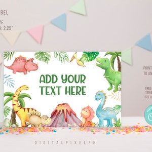 Etiqueta de comida de dinosaurio editable, tarjetas de comida para fiesta de cumpleaños de dinosaurio, etiqueta de comida de dinosaurio, MITMS2