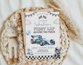 Race Car First Birthday Invitation, Race Car Thank You Tags, Blue Racing, Track (Digital Download)
