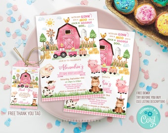 Farm Birthday Party Invitation Template, Farm Animals Birthday Invitation, Farm thank you tag, Barnyard, Printable, Instant download