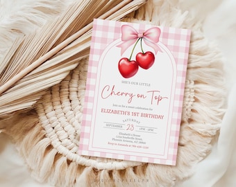 Cherry Birthday Invitation, Coquette Pink Bow Invite (Digital Download)