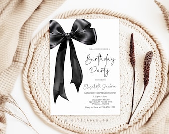 Coquette Black Bow Birthday Invitation Template, Coquette Thank You Tags (Digital Download)